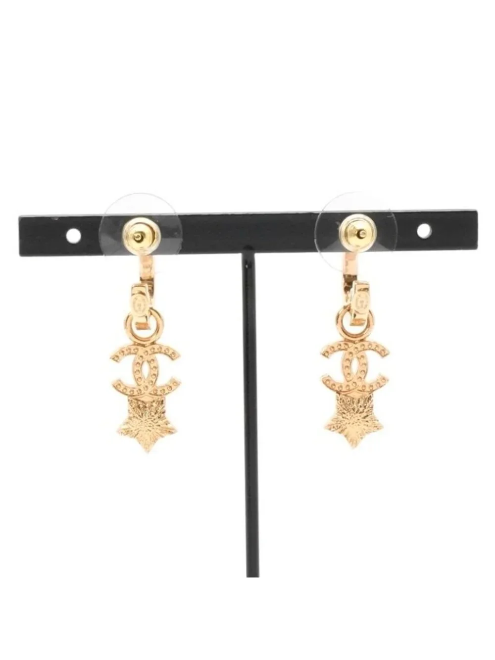 Chanel Earrings Gold Coco Mark Star Hoop Rhinestone
